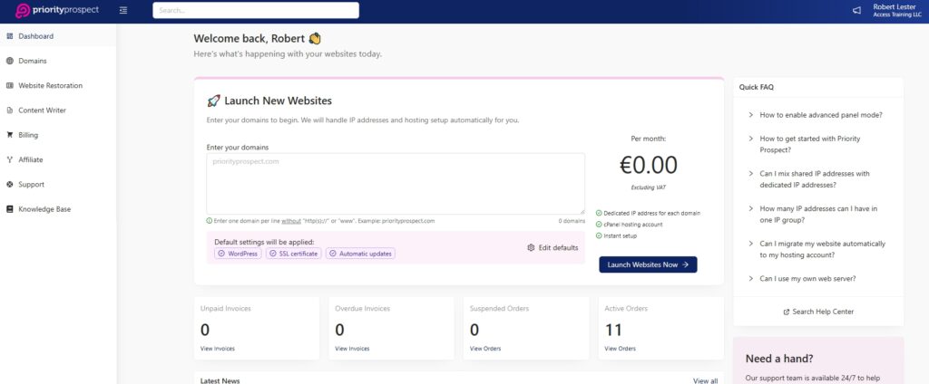 Screenshot from Priority Prospect's customer panel.